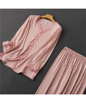 Sets Womens Satin Lace Pajamas Sets 2 Pieces Silk Long Sleeve Pyjamas Female V Neck Sleepwear Sexy Button Pijama Suit Pink - ...