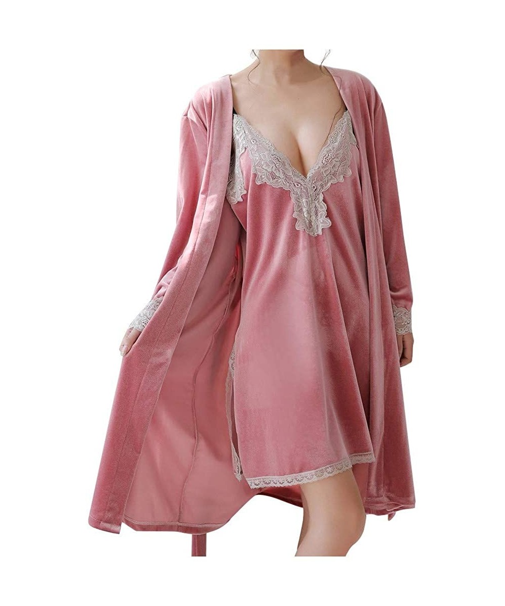 Nightgowns & Sleepshirts Women Satin Pajama Set Sexy Lingerie Lace Deep V Neck Nightdress Underwear Ladies Sleepwear Nightgow...