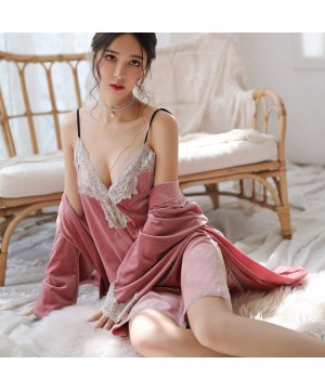 Nightgowns & Sleepshirts Women Satin Pajama Set Sexy Lingerie Lace Deep V Neck Nightdress Underwear Ladies Sleepwear Nightgow...