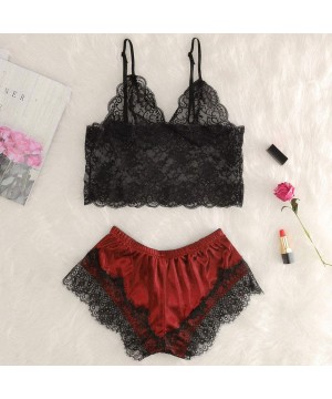 Bras New Women's Lace Hollow Openwork Sexy Perspective Two-Piece Set - Red - CT18ZW5HL9H