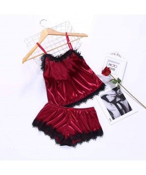 Sets Women Lace Sleeveless Top Ss Satin Pajama Sets Sleepwear Sets - Pink - C018SMT2700