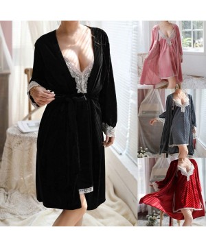 Nightgowns & Sleepshirts Women Satin Pajama Set Sexy Lingerie Lace Deep V Neck Nightdress Underwear Ladies Sleepwear Nightgow...