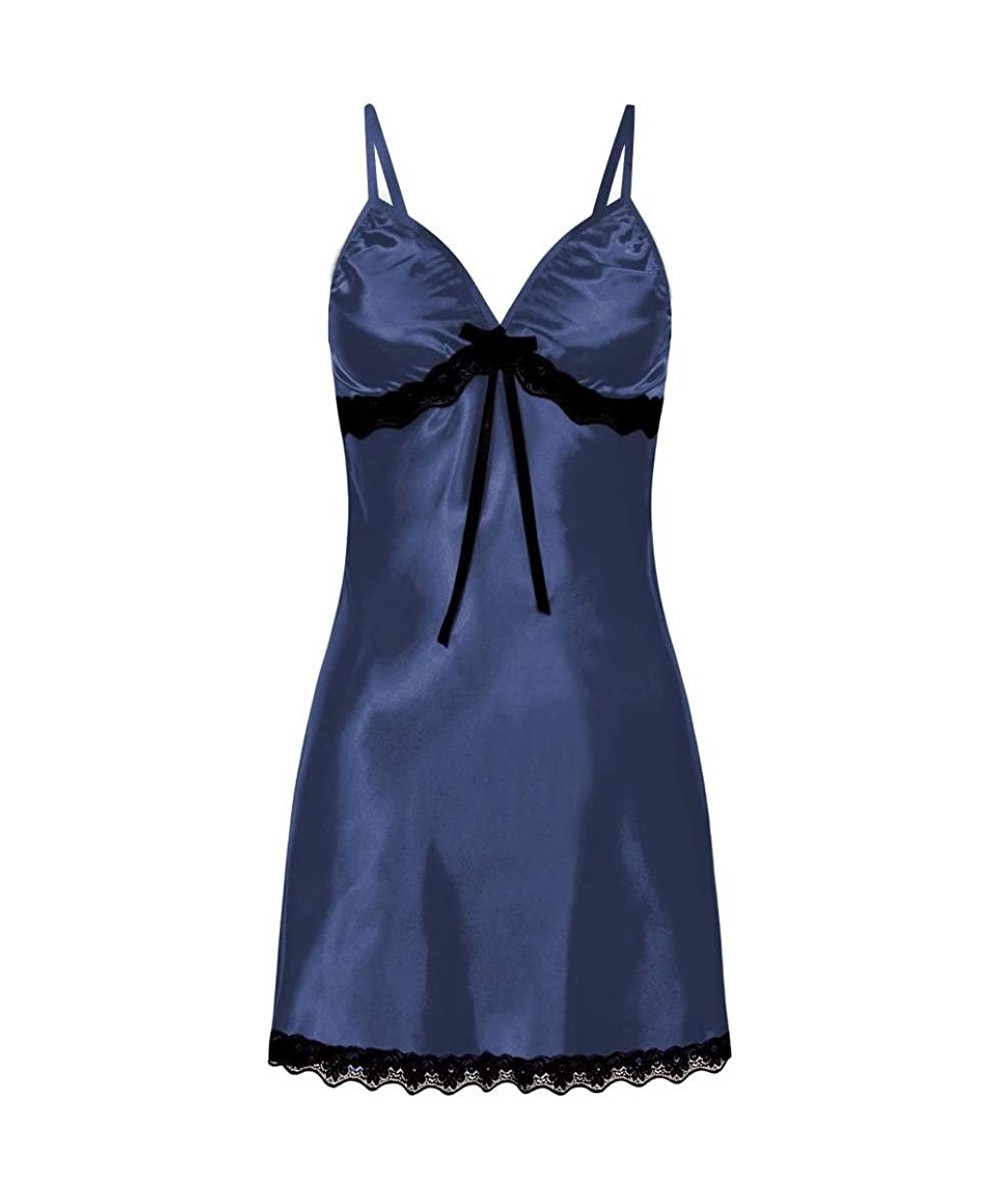 Baby Dolls & Chemises Womens Nighte Dress Plus Size Lace Bow Lingerie Babydoll Nightwear Sleepskirt - Blue - CA1927QXGWW