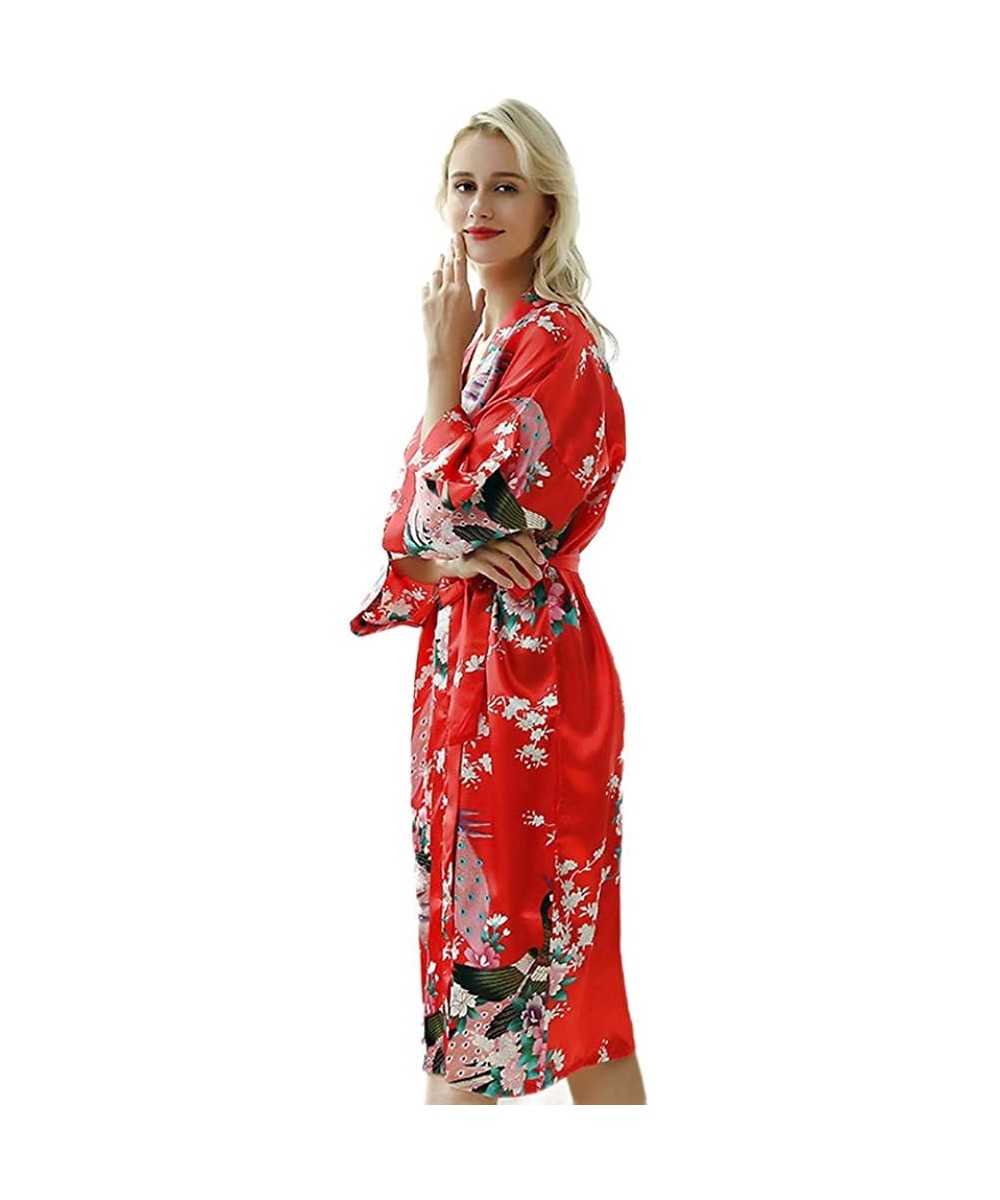 Robes Floral Pattern Kimono Long Bathrobe for Women - Red - CF18TY7T735