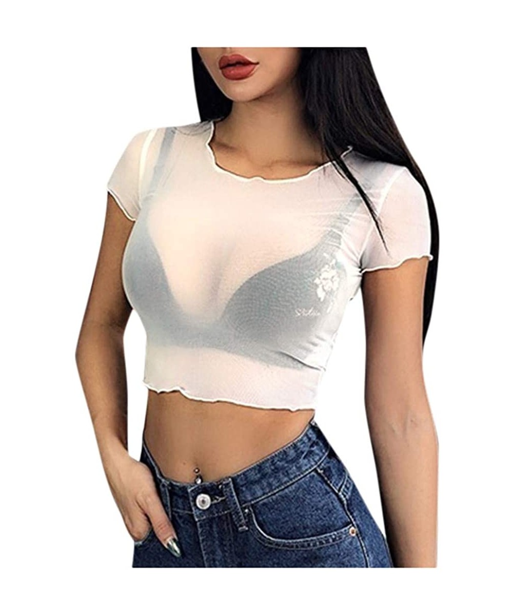 Baby Dolls & Chemises Women's Sexy Sheer Mesh See Through Short Sleeve Crop Tops Casual Short T Shirts - White - CP199XN7UCI