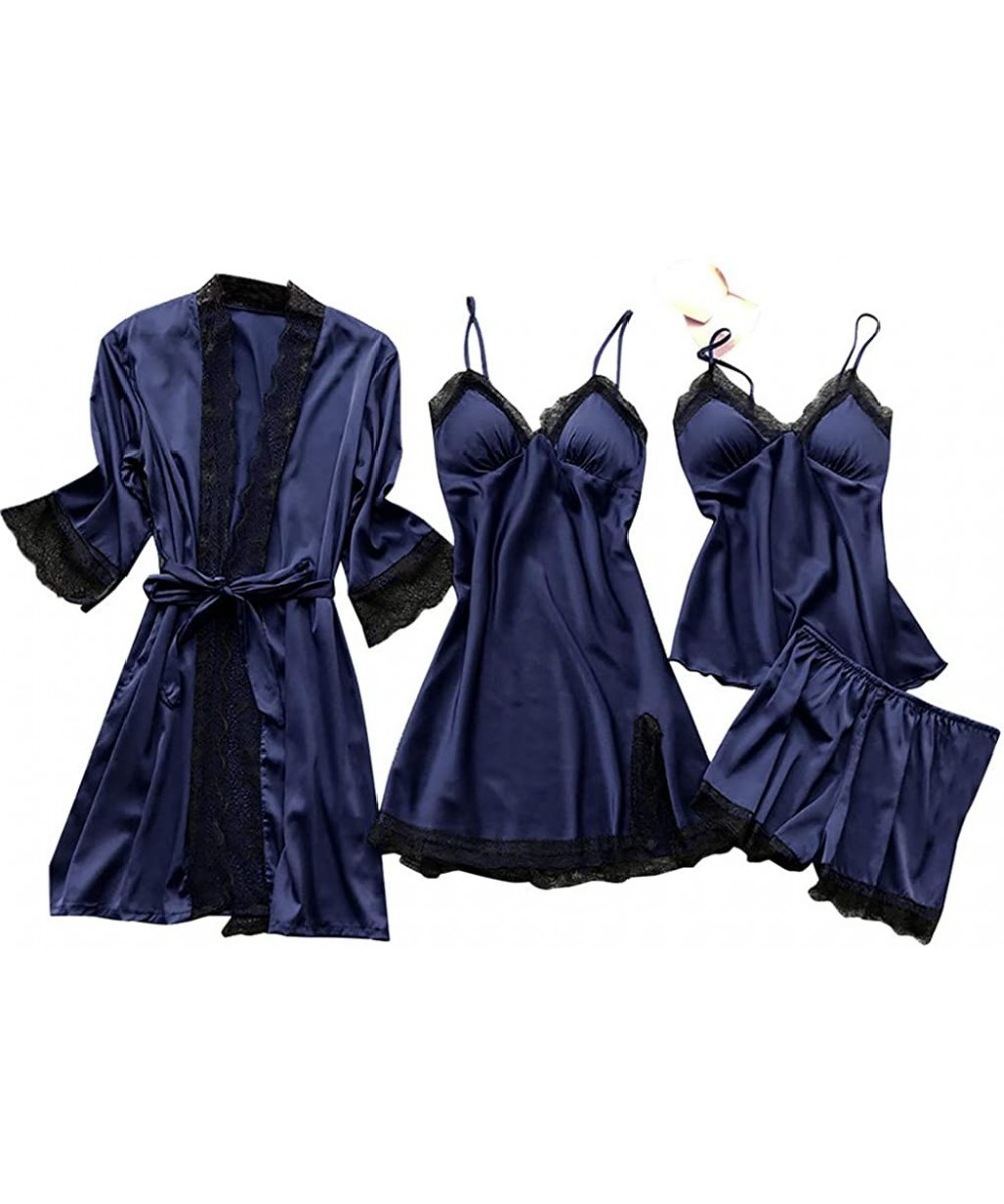 Baby Dolls & Chemises Women's 4PCS Silk Satin Pajama Set Cami Top Nightgown Lace Sleepwear Robe Babydoll Sets Sexy Nightdress...