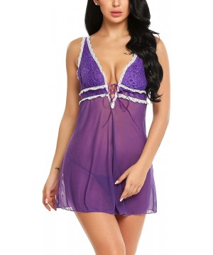 Baby Dolls & Chemises Sexy V Neck Lingerie Sheer Lace Chemise Dress Strappy Backless Babydoll Set for Women - Purple2 - CV18R...