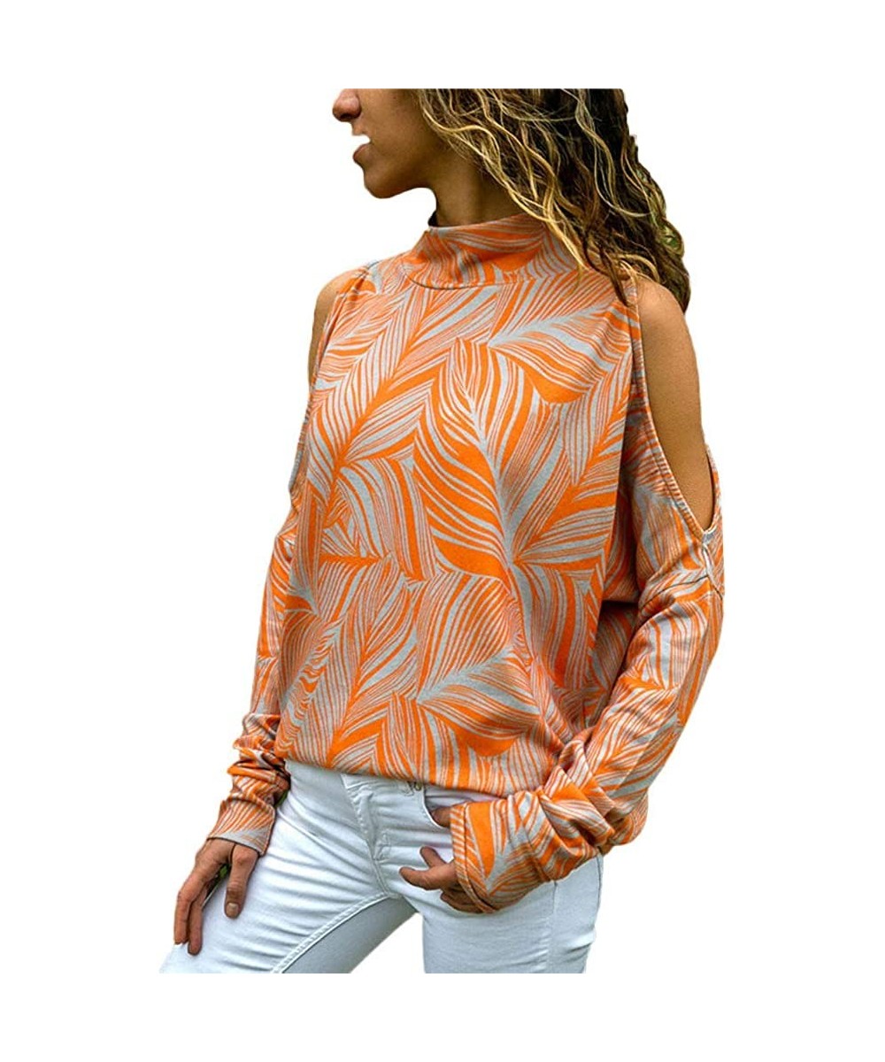 Shapewear Women Long Sleeve Shirt Tee Cold Shoulder Top Blouse Lady Sexy Jumper Tunic Floral Print Jumper - Orange - CN18KR4W882