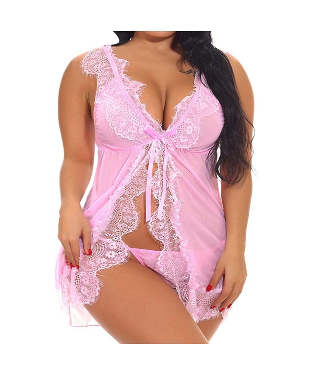 Baby Dolls & Chemises Plus Size Lingerie for Women Sleepwear Lace Babydoll Strap Chemise XL-5XL - Pink - CS18D9C02KO