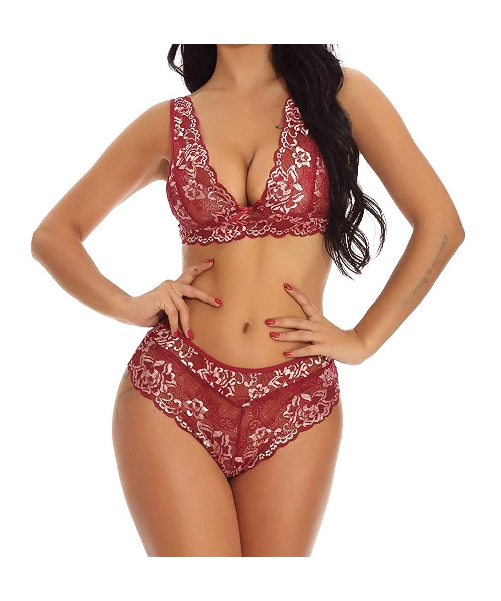 Bras Women Lace Lingerie Underwear Set Lace Sexy Underwear Bra and Briefs Set - Wine - CE18ZQT0W6H