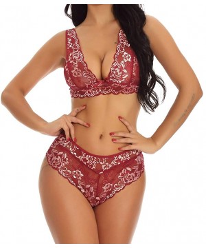 Bras Women Lace Lingerie Underwear Set Lace Sexy Underwear Bra and Briefs Set - Wine - CE18ZQT0W6H