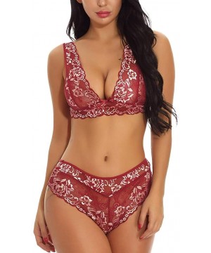 Bras Women Lace Lingerie Underwear Set Lace Sexy Underwear Bra and Briefs Set - Wine - CE18ZQT0W6H