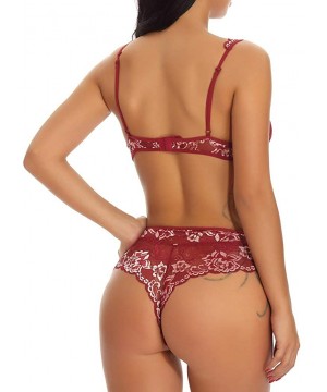 Bras Women Lace Lingerie Underwear Set Lace Sexy Underwear Bra and Briefs Set - Wine - CE18ZQT0W6H