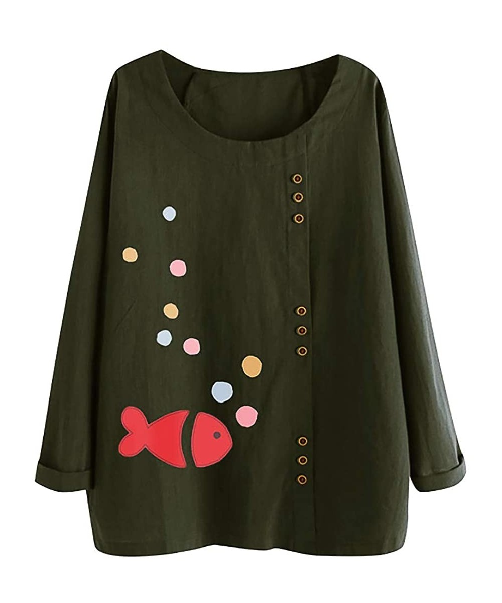 Tops Fashion Baby Casual Animals Printed O-Neck Long Sleeve Button Blouse Tops Tee - Army Green - CI18X948TNW