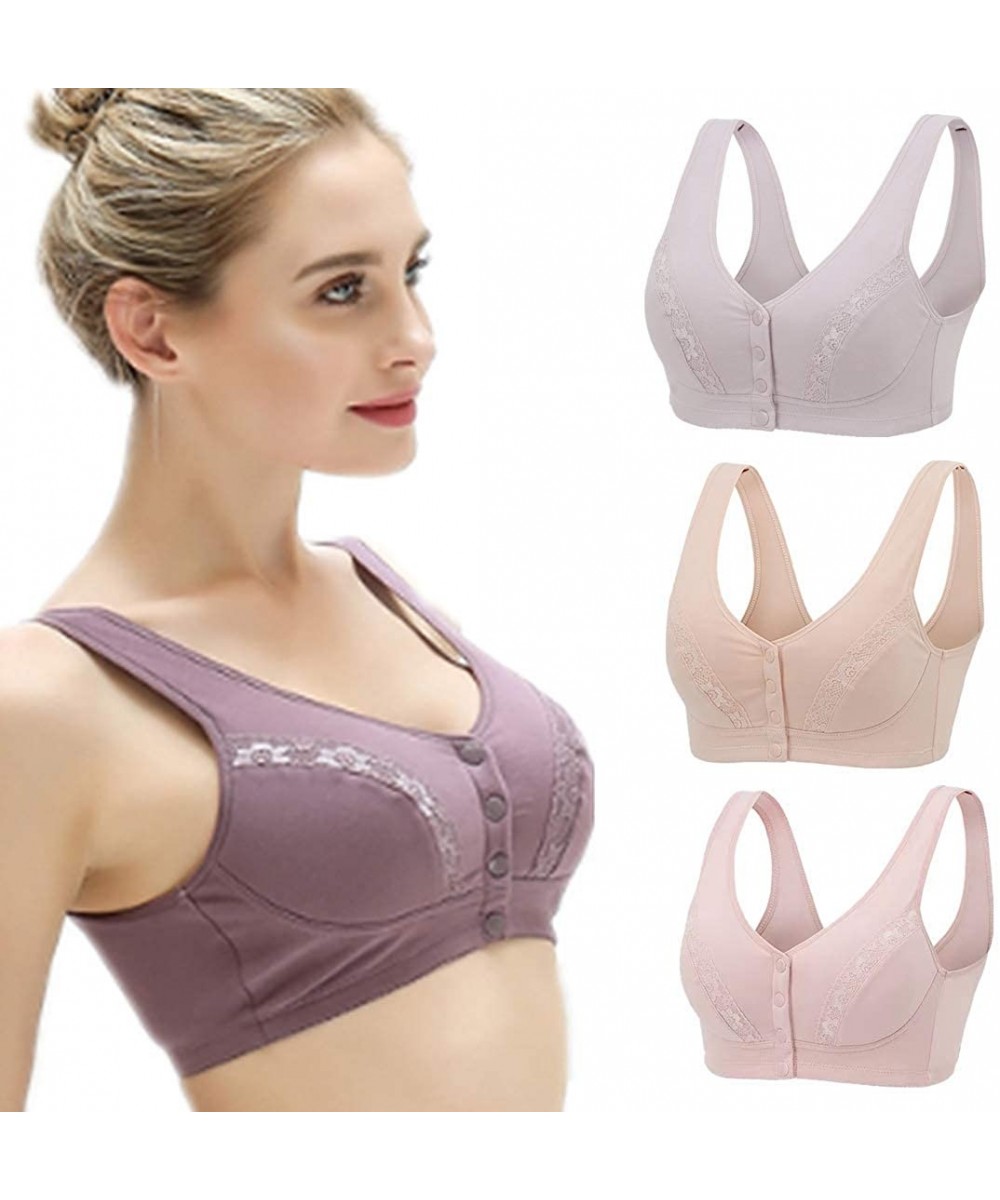 Bras Everyday Bras - Cotton Soft Cup Wireless Front Lace Button Close Bras of Women 8 Colors (36-48B/C) - Red - CX18Z46CAG7