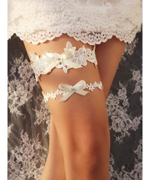 Garters & Garter Belts Wedding Garter Set Rhinestone Bow Lace Garter Set Bridal Garter Set G17 - Ivory - CB189YUDLN5