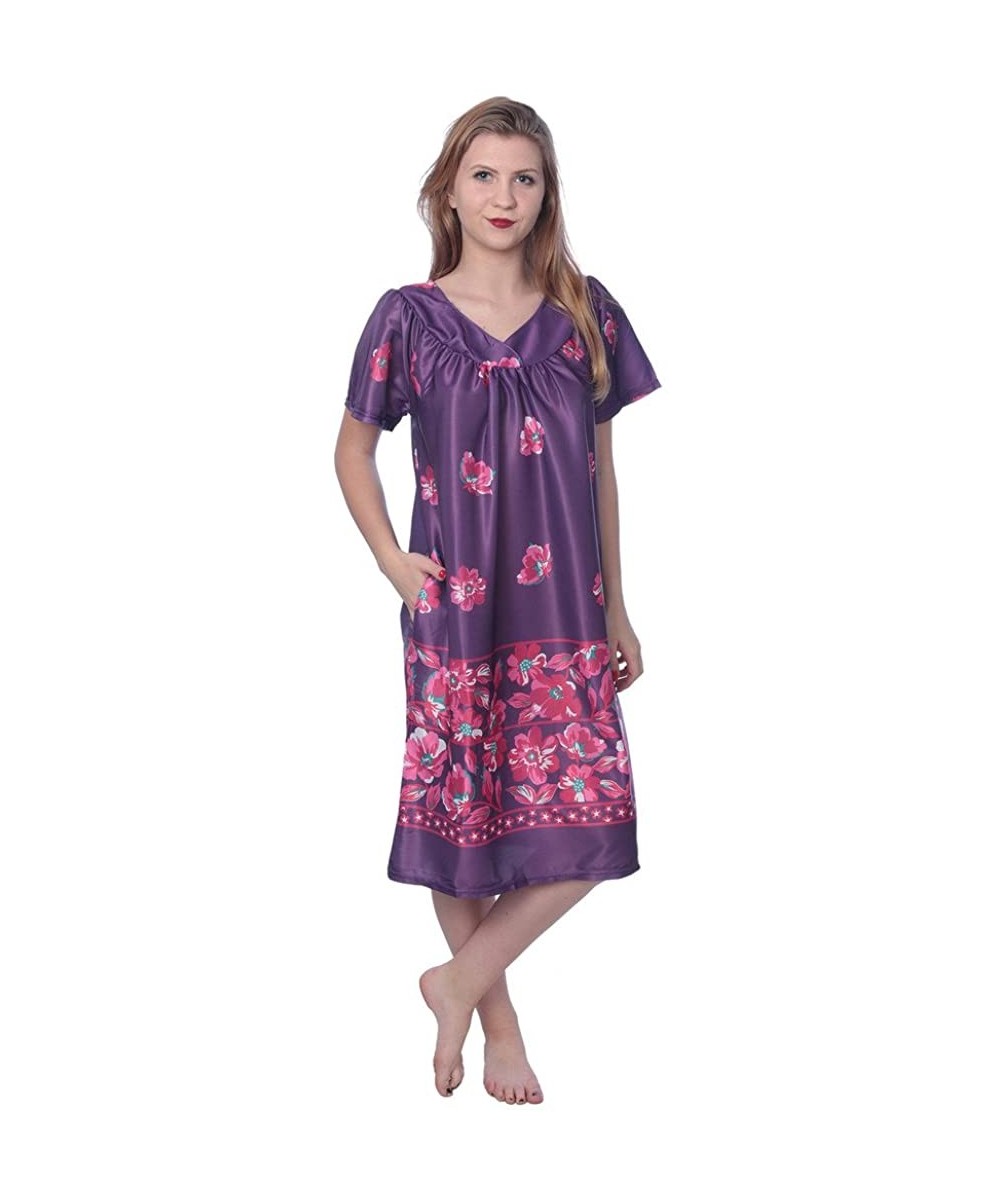 Nightgowns & Sleepshirts Women's Short Sleeve Housecoat Floral Duster Nightgown - Dark Purple With Beautiful Prints - CD18EIX...