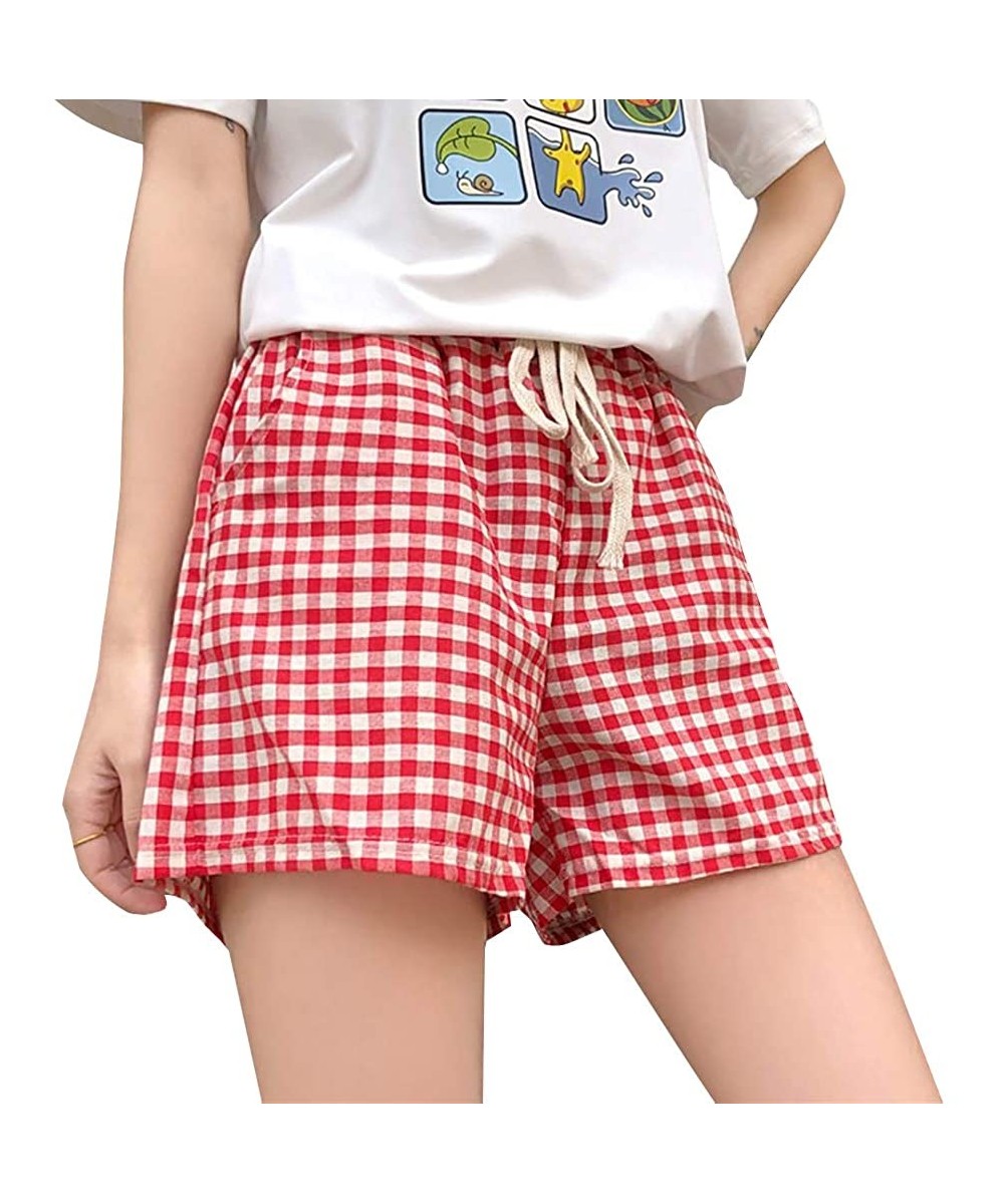 Bottoms Womens Big Girl's Plaid Beach Shorts Summer Athletic Short Pants Lounge Shorts Sleep Pj Bottoms with Pockets Red Plai...