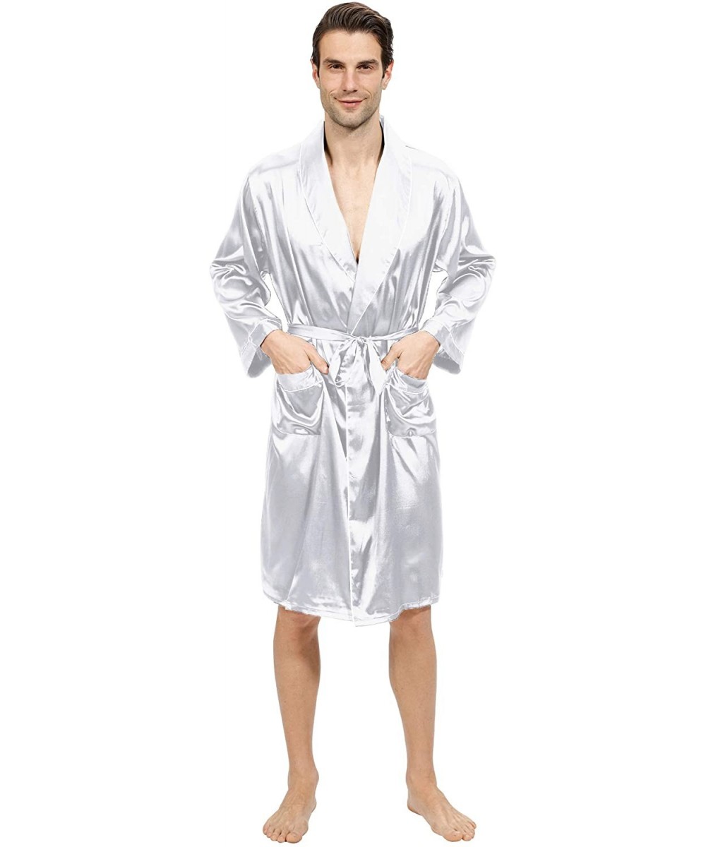 Robes Mens Satin Robe Lightweight Silk Spa Bathrobe with Shorts Nightgown Long Sleeve House Kimono Printed Bathrobe Set - Sil...