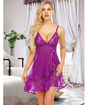 Baby Dolls & Chemises Women Lingerie Lace Babydoll Strap Chemise Sexy V Neck Sleepwear - Purple - C518STD7NUG