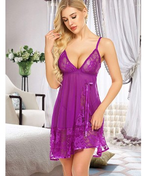 Baby Dolls & Chemises Women Lingerie Lace Babydoll Strap Chemise Sexy V Neck Sleepwear - Purple - C518STD7NUG