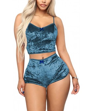 Sets Womens Velvet 2 Piece Outfit Sexy V-Neck Spaghetti Strap Crop Top Bodycon Shorts Set Loungewear - 4blue - CO1944ZA226