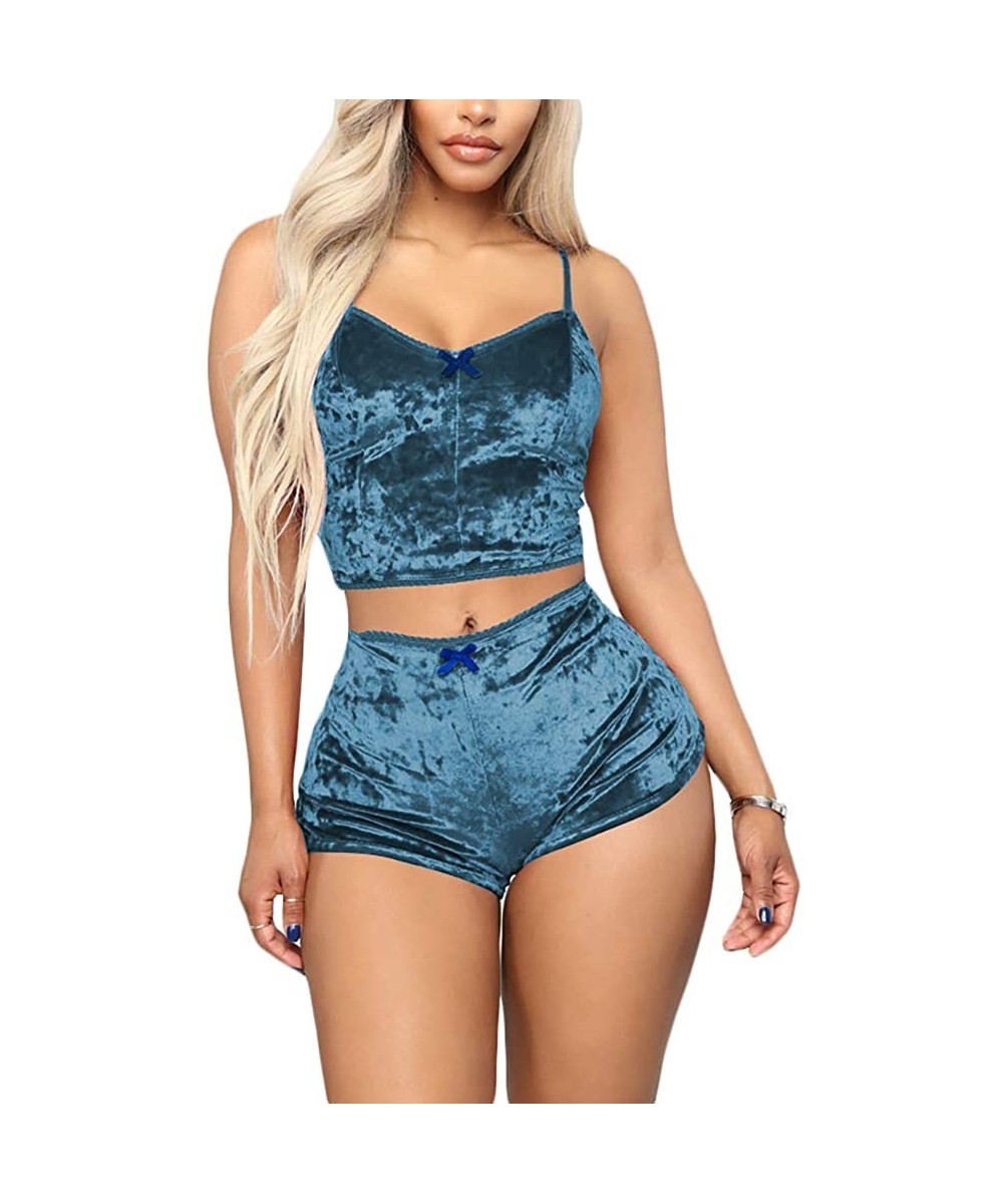 Sets Womens Velvet 2 Piece Outfit Sexy V-Neck Spaghetti Strap Crop Top Bodycon Shorts Set Loungewear - 4blue - CO1944ZA226