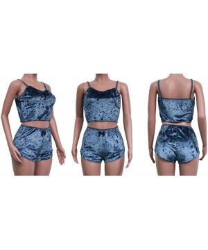 Sets Womens Velvet 2 Piece Outfit Sexy V-Neck Spaghetti Strap Crop Top Bodycon Shorts Set Loungewear - 4blue - CO1944ZA226