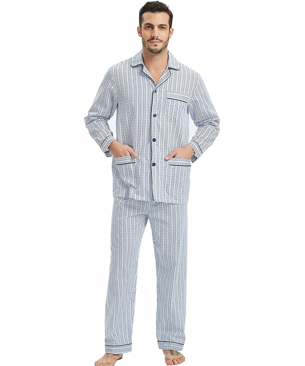 Sleep Sets Mens Pajamas Set- 100% Cotton Woven Drawstring Sleepwear Set with Top and Pants/Bottoms - White & Blue Multi Strip...