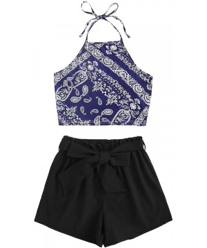 Sets Women's 2 Piece Outfits Halter Sleeveless Crop Cami Top with Shorts - Dark Blue Decor - CT19CGT73G7