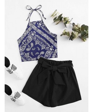 Sets Women's 2 Piece Outfits Halter Sleeveless Crop Cami Top with Shorts - Dark Blue Decor - CT19CGT73G7