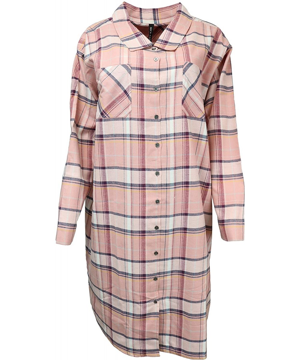 Nightgowns & Sleepshirts Women's 100% Cotton Classic Plaid Flannel Nightshirt - Peach - CO18ZQ24Y24