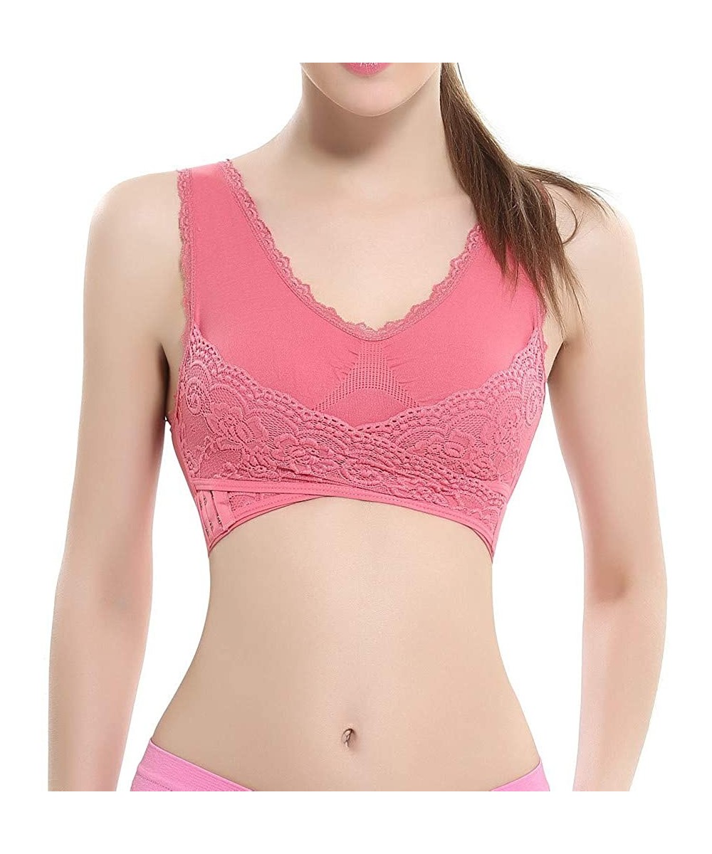 Accessories Ladies' plain Color Front Cross Side Lace Sports Bra Full Cup Bra Vest Tops - Hot Pink - C018XKU4DXH