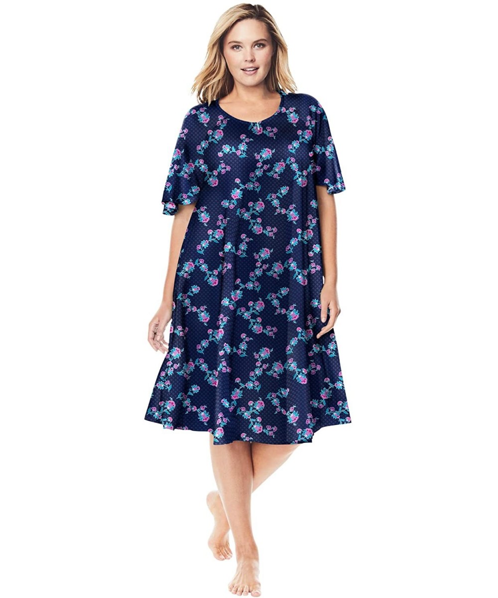 Nightgowns & Sleepshirts Women's Plus Size Short Sweeping Printed Lounger Nightgown - Navy Floral (0496) - CC19CXSOT8W