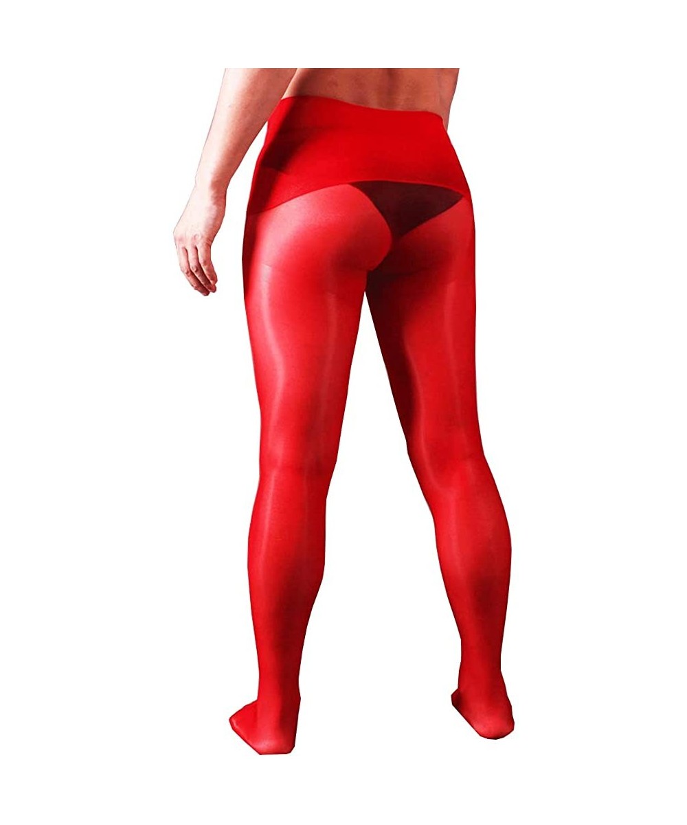 Boxer Briefs Men's 8D Oil Shiny Glossy Seamless Pantyhose with Sheath Stockings Tights - Red(sheath Open) - CV198UQWO8K