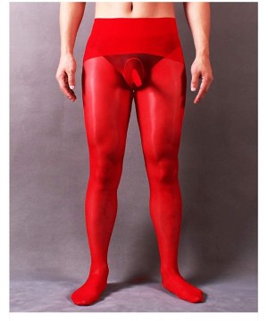 Boxer Briefs Men's 8D Oil Shiny Glossy Seamless Pantyhose with Sheath Stockings Tights - Red(sheath Open) - CV198UQWO8K