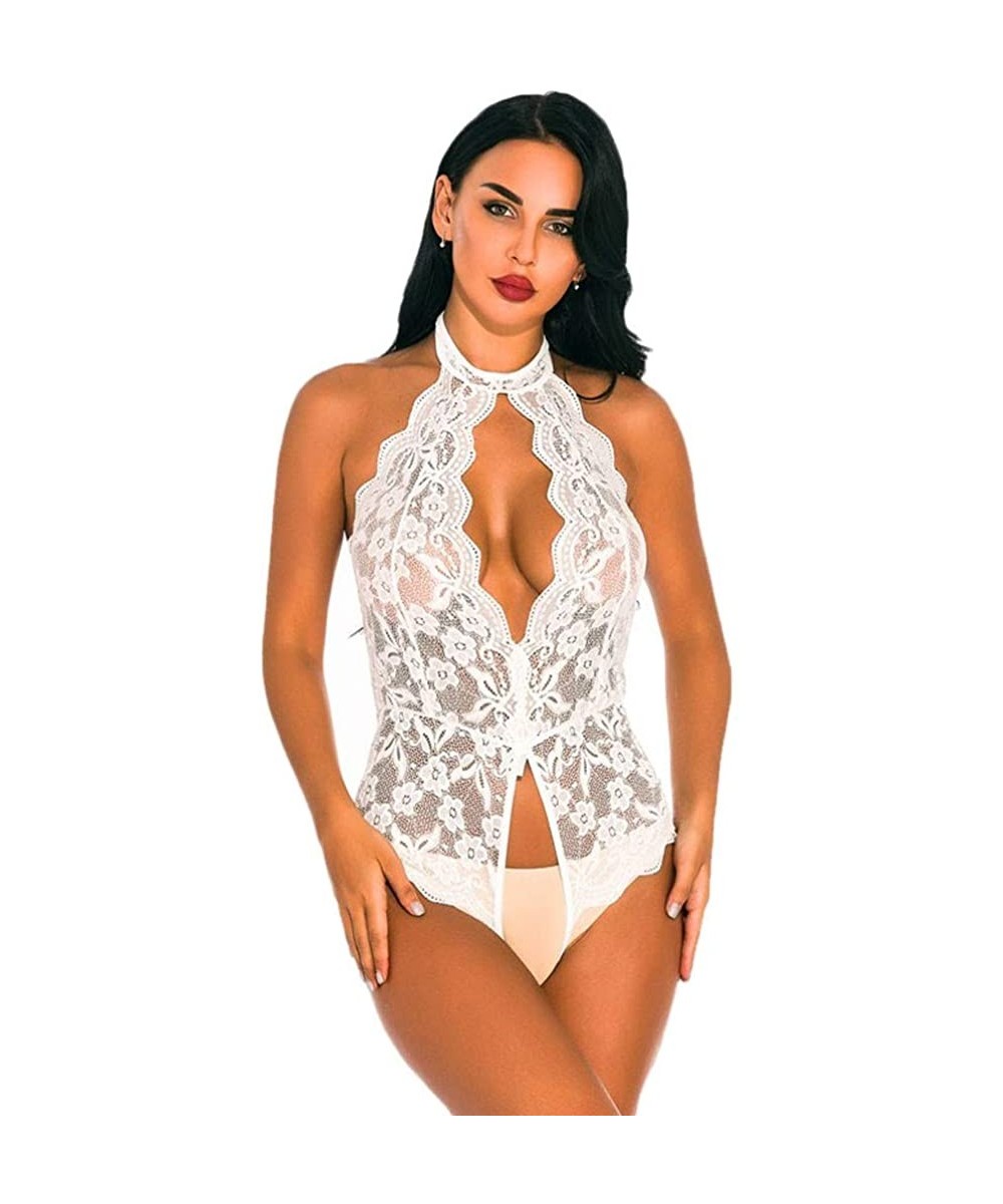 Baby Dolls & Chemises Sheer Lingerie for Women for Sex-Deep V Halter Teddy Bodysuit Lace Babydoll Jumpsuit Open Crotch Underw...