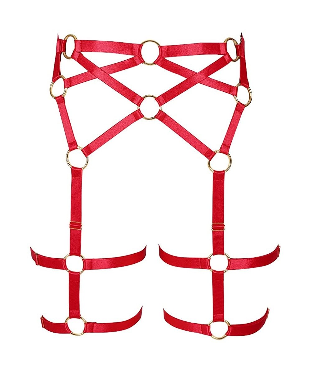 Garters & Garter Belts Women's Punk Harness Garter Belt Leg Waist Strap Lingerie Thigh Stockings - Red - C718R6Z8A0G