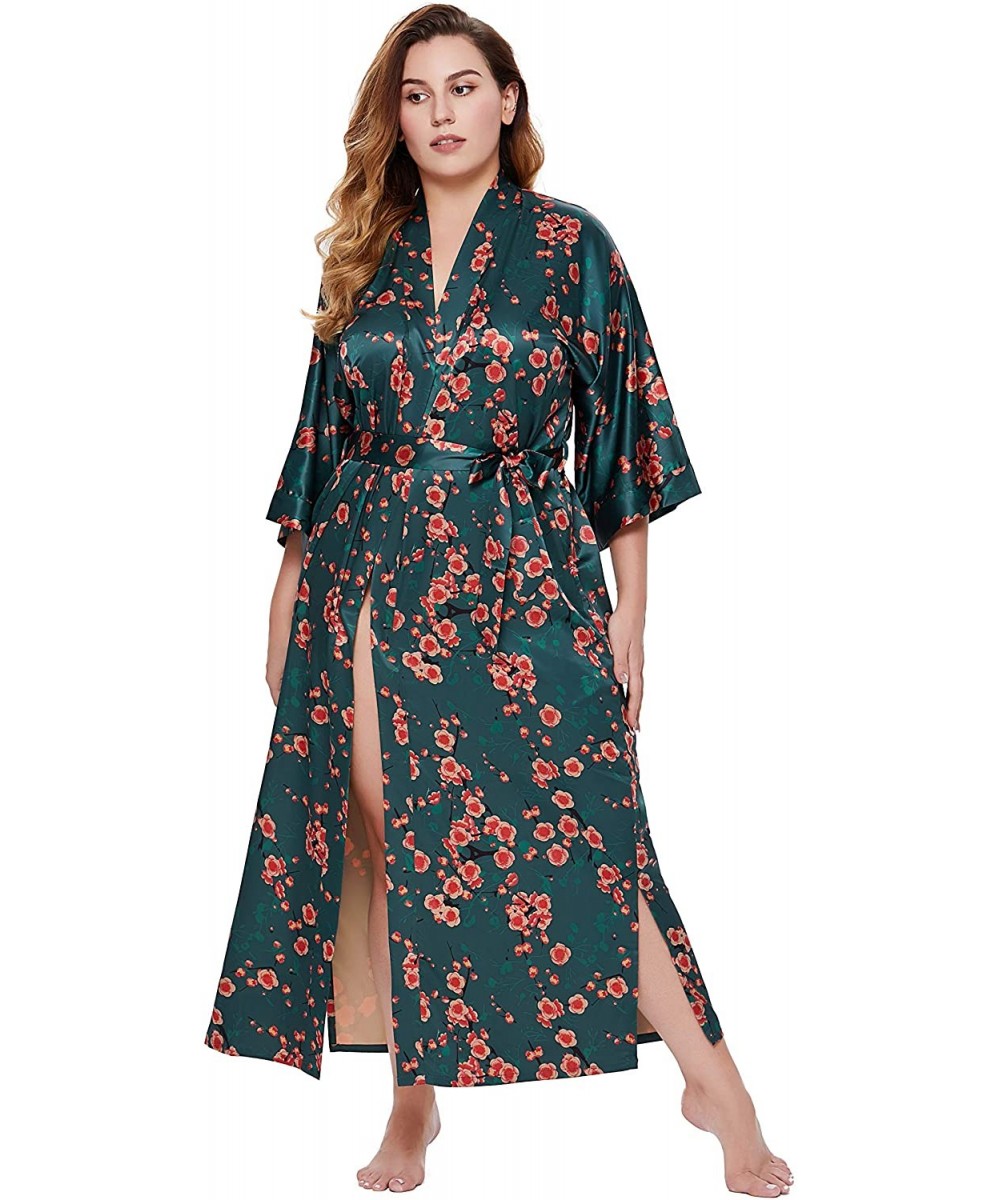 Robes Long Kimono Robe Plus Size Floral Satin Kimono Cover Up Loose Cardigan - Dark Green - CQ19CGCR2RS