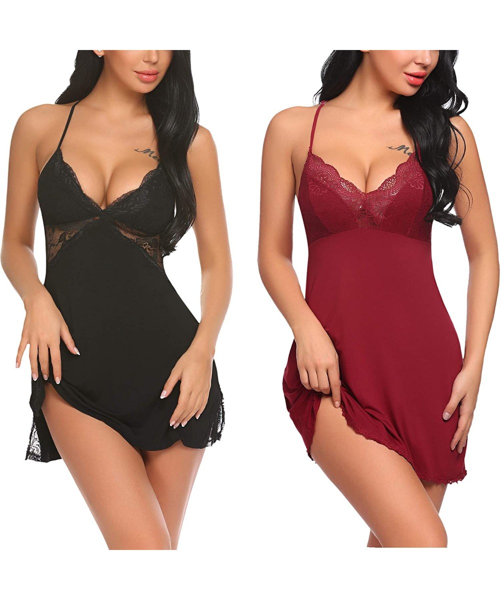 Baby Dolls & Chemises Womens Nightgown Sexy Lace Chemise Lingerie V Neck Sleepwear Set 2 Pack - CO19E4QGW37