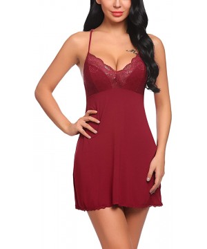 Baby Dolls & Chemises Womens Nightgown Sexy Lace Chemise Lingerie V Neck Sleepwear Set 2 Pack - CO19E4QGW37