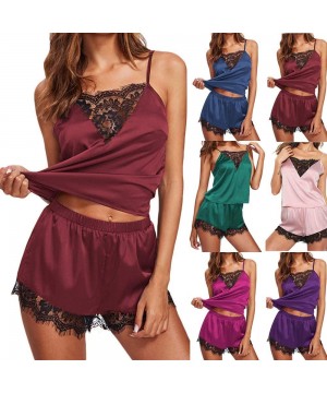 Robes Women Sleepwear Sleeveless Strap Nightwear Lace Trim Satin Cami Top Pajama Sets - Pink - C418O7L8C70