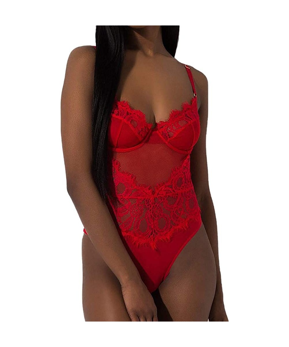 Baby Dolls & Chemises Womens Sexy Deep V Lace Lingerie Teddy One Piece Babydoll Sleepwear Mini Bodysuit - Red - CK1979LHKS4