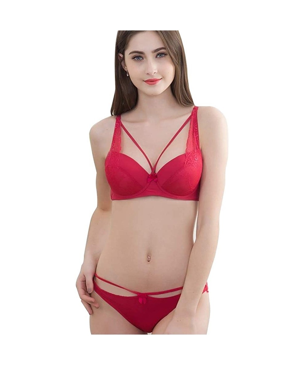 Bras Women Sexy Lingerie Underwire Bra and Panties Set Sexy Low Waisted Lace Bralettes and Panty Set Underwear 2 Piece - Red ...