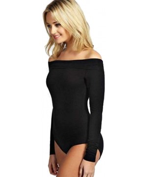 Shapewear Women's Long Sleeve Off Shoulder Bodysuit Plain Bardot Stretch Leotard Top - Black - C518R8Y6CGX