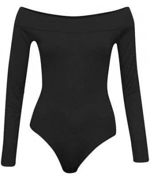 Shapewear Women's Long Sleeve Off Shoulder Bodysuit Plain Bardot Stretch Leotard Top - Black - C518R8Y6CGX