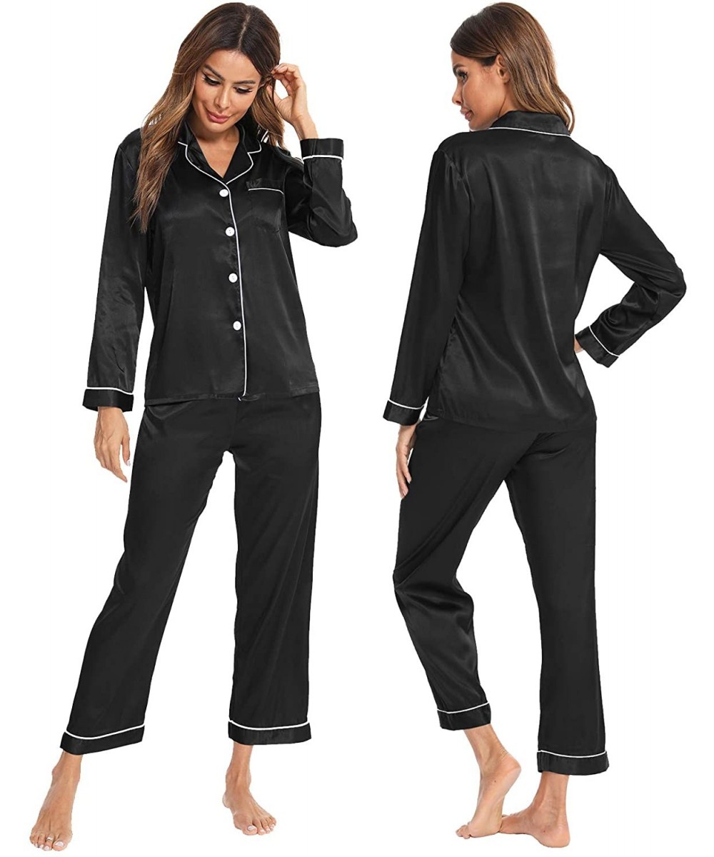 Sets Womens Silk Satin Pajamas Long Sleeve Loungewear Two-Piece Sleepwear Button-Down Pj Set - Black - CP18XKW9I7Z