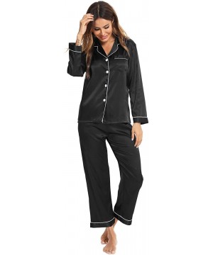 Sets Womens Silk Satin Pajamas Long Sleeve Loungewear Two-Piece Sleepwear Button-Down Pj Set - Black - CP18XKW9I7Z