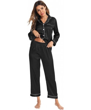 Sets Womens Silk Satin Pajamas Long Sleeve Loungewear Two-Piece Sleepwear Button-Down Pj Set - Black - CP18XKW9I7Z