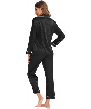 Sets Womens Silk Satin Pajamas Long Sleeve Loungewear Two-Piece Sleepwear Button-Down Pj Set - Black - CP18XKW9I7Z